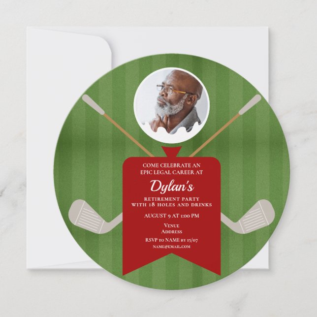 Elegant Golf Green Red Photo Retirement Party Invitation (Front)