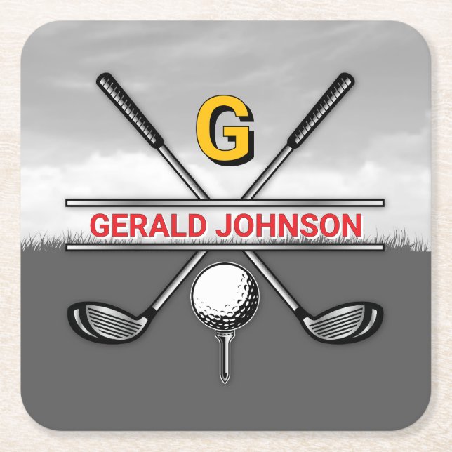 Elegant Golf Monogram Design Can Cooler Square Paper Coaster (Front)