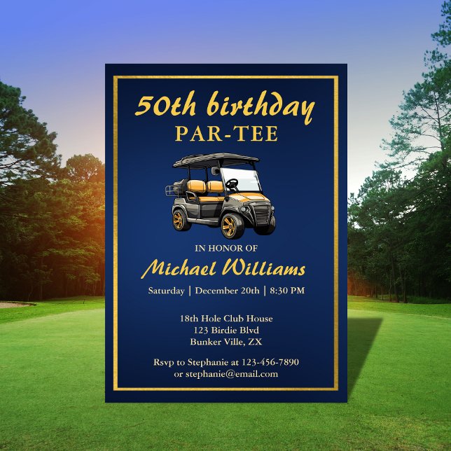 Elegant Golf Theme Cart Blue Gold 50th Birthday Invitation (Creator Uploaded)