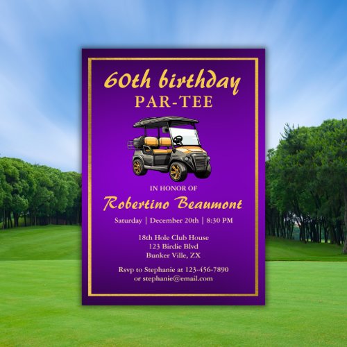 Elegant Golf Theme Cart Purple Gold 60th Birthday Invitation