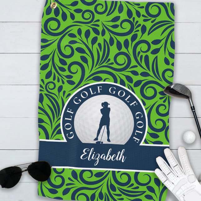 Elegant Golfer Modern Mongrammed Name Green Blue  Golf Towel (Custom Golfer Silhouette Chic Pattern Green Blue Golf Towel)