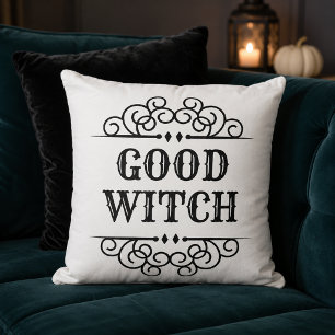 Elegant Good Witch White Halloween Typography Throw Pillow
