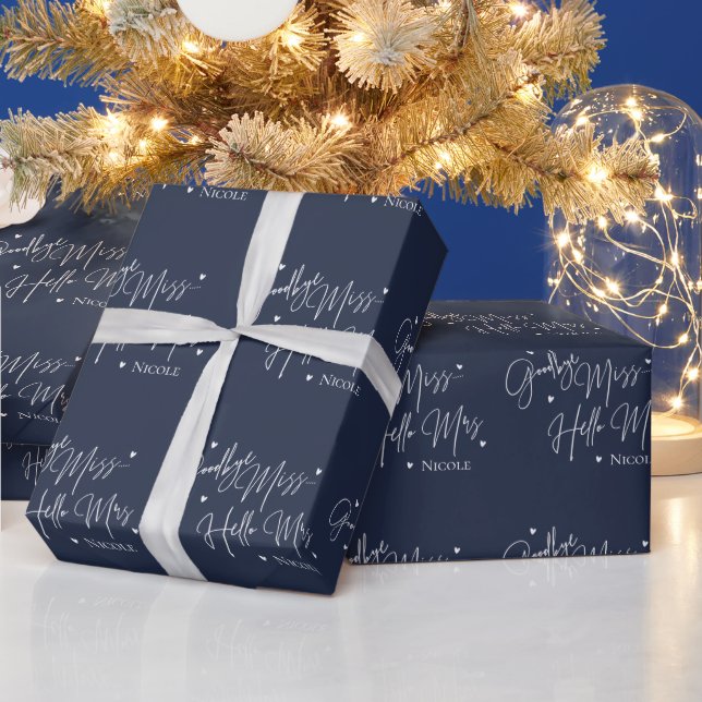 Elegant Goodbye Miss Hello Mrs Navy Bridal Shower Wrapping Paper (Holidays)