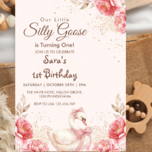 Elegant Goose & Peach Floral First 1st Birthday Invitation