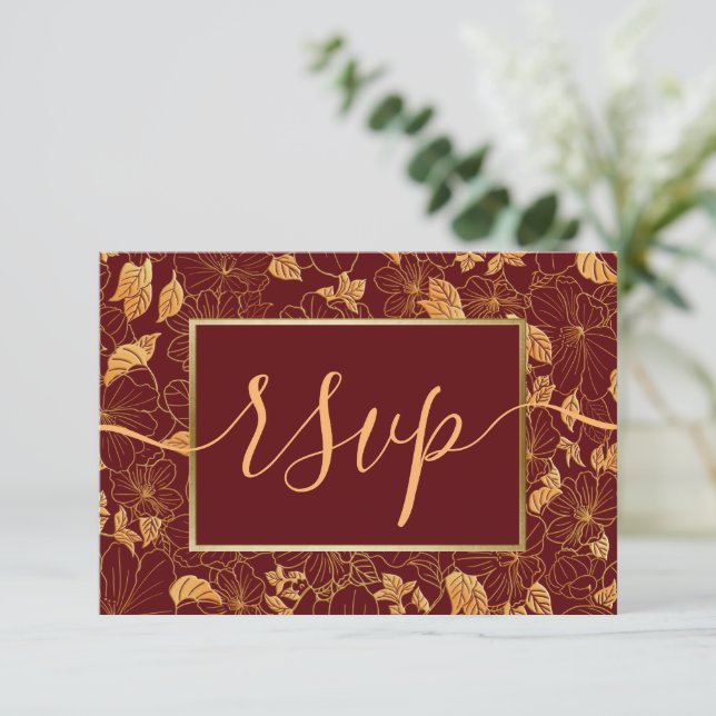 Elegant Gorgeous Dark Burgundy & Gold Foliage RSVP Card (Standing Front)