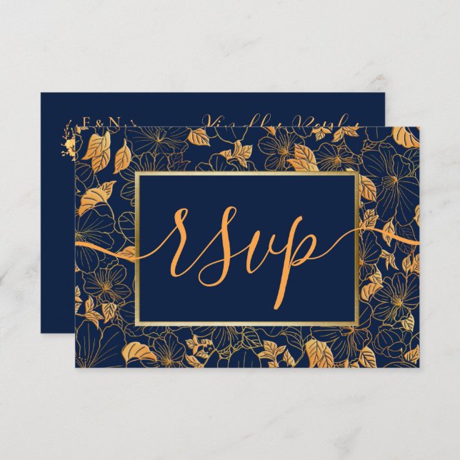 Elegant Gorgeous Gold Foliage Navy Blue RSVP (Front/Back)