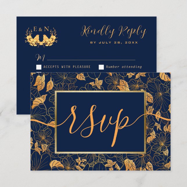 Elegant Gorgeous Gold Foliage Navy Blue RSVP Card (Front/Back)