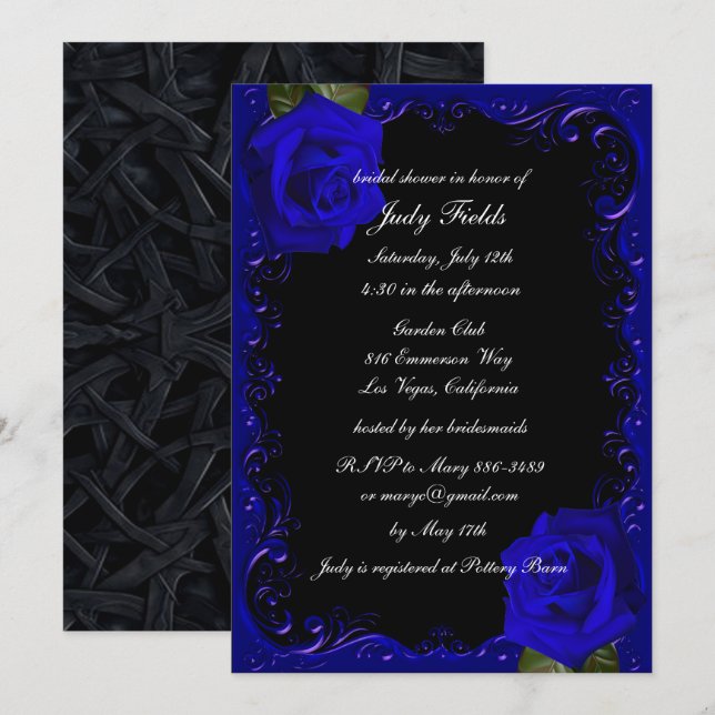 Elegant Goth Blue Roses Bridal Shower Invitation (Front/Back)