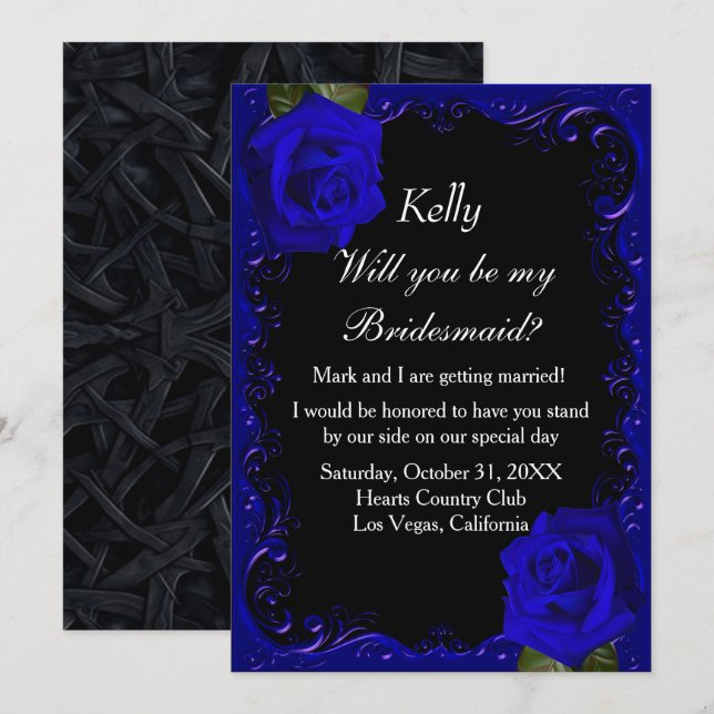 Elegant Goth Blue Roses Bridesmaid Invitation (Front/Back)