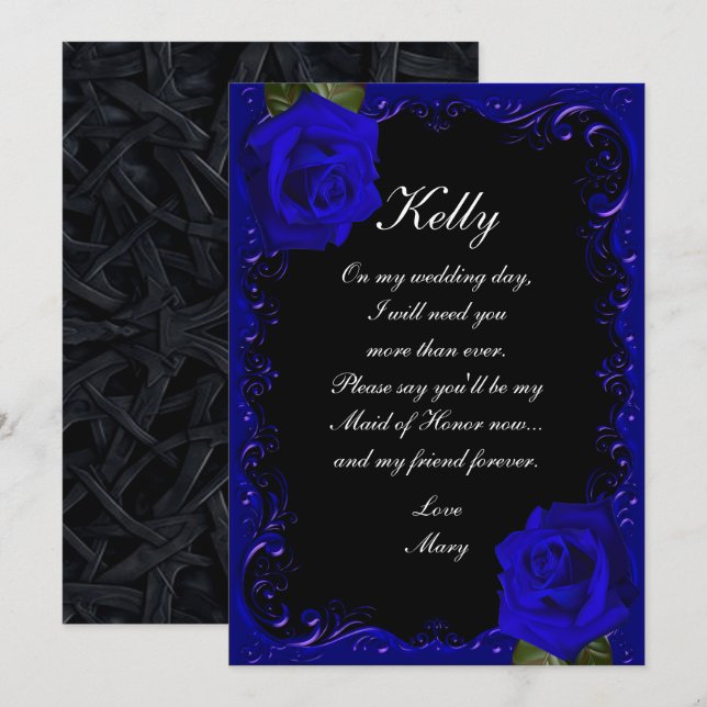 Elegant Goth Blue Roses Maid Of Honor Invitation (Front/Back)