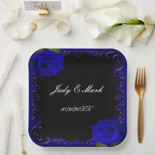 Elegant Goth Blue Roses Paper Plates
