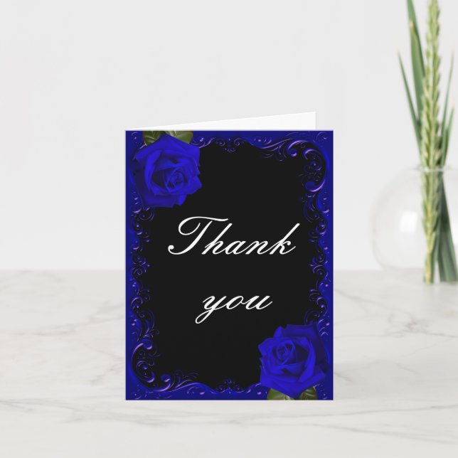 Elegant Goth Blue Roses Thank You Card (Front)