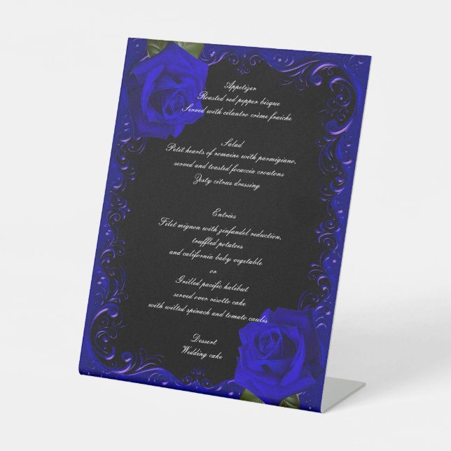 Elegant Goth Blue Roses Wedding Menu Pedestal Sign (Front)