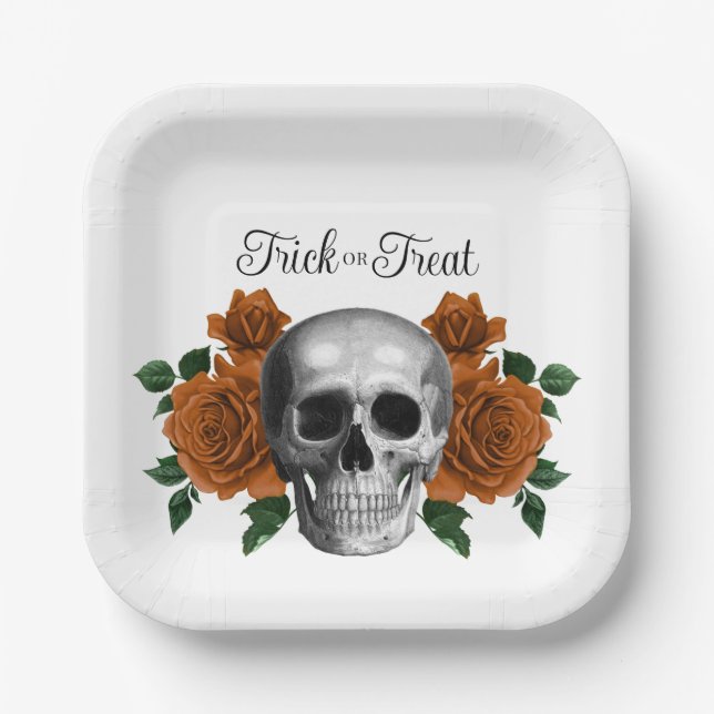 Elegant Goth Floral Skull Trick Or Treat Halloween Paper Plates (Front)