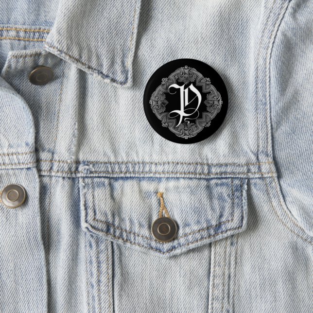 Elegant Goth Initial P Pinback Button (In Situ)