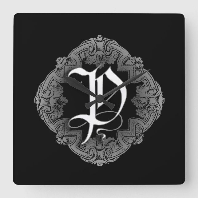 Elegant Goth Initial P Square Wall Clock (Front)