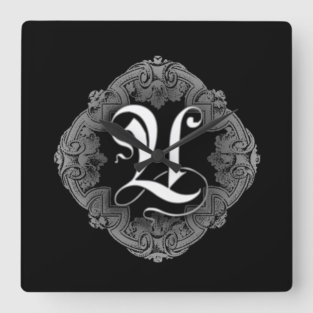 Elegant Goth Initial U Square Wall Clock (Front)