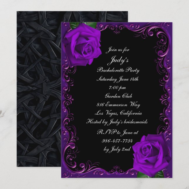 Elegant Goth Purple Roses Bachelorette Party Invitation (Front/Back)