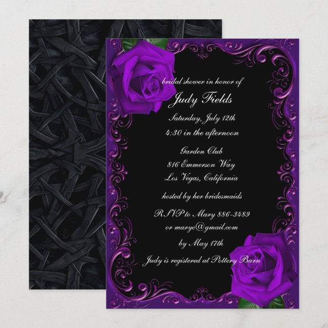 Elegant Goth Purple Roses Bridal Shower Invitation (Front/Back)
