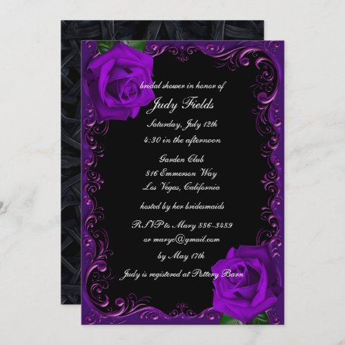 Elegant Goth Purple Roses Bridal Shower Invitation