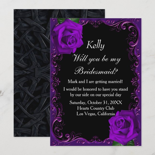 Elegant Goth Purple Roses Bridesmaid Invitation (Front/Back)