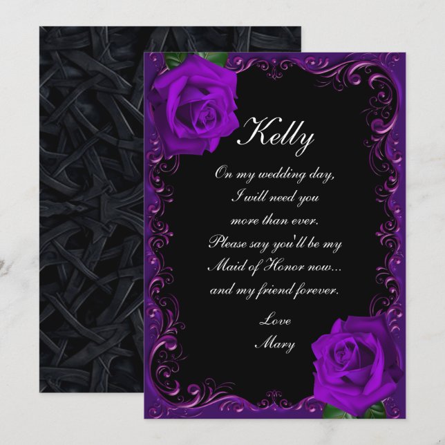 Elegant Goth Purple Roses Maid Of Honor Invitation (Front/Back)