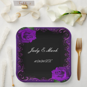 Elegant Goth Purple Roses Paper Plates