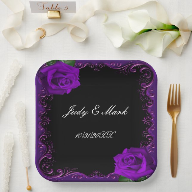 Elegant Goth Purple Roses Paper Plates (Wedding)