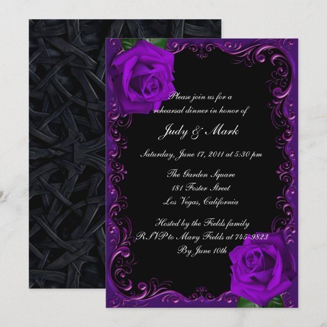 Elegant Goth Purple Roses Rehearsal Dinner Invitation (Front/Back)