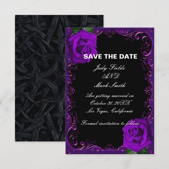 Elegant Goth Purple Roses Save The Date Enclosure Card (Front/Back)