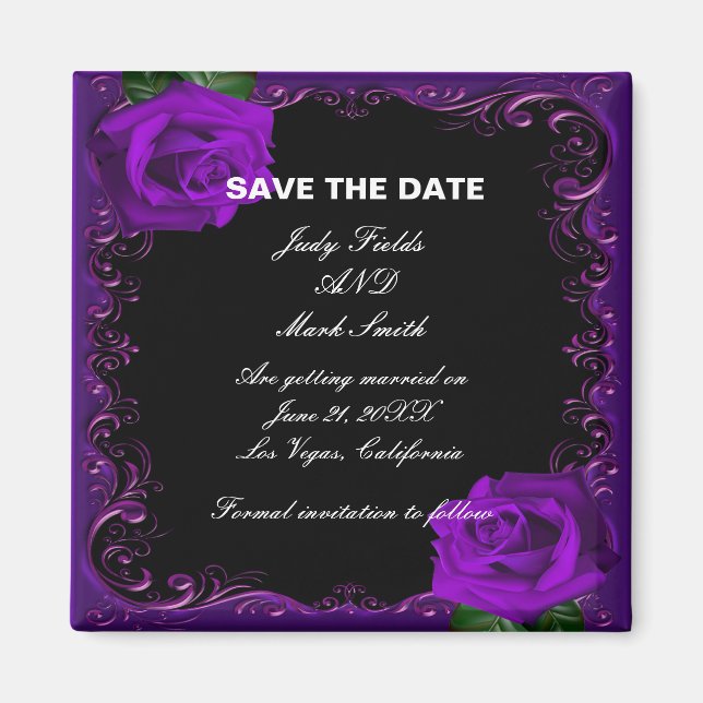 Elegant Goth Purple Roses Save The Date Magnet (Front)