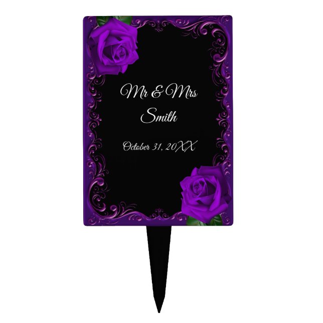 Elegant Goth Purple Roses Wedding Cake Topper (Front)