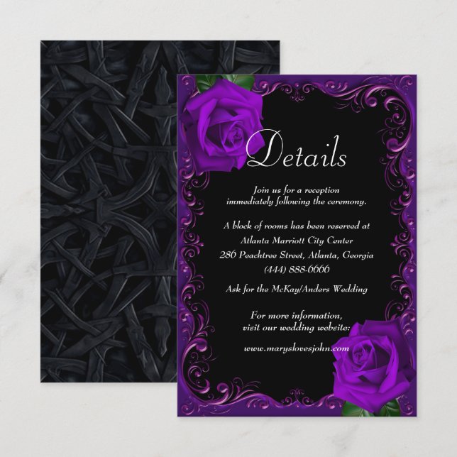 Elegant Goth Purple Roses Wedding Details Enclosure Card (Front/Back)