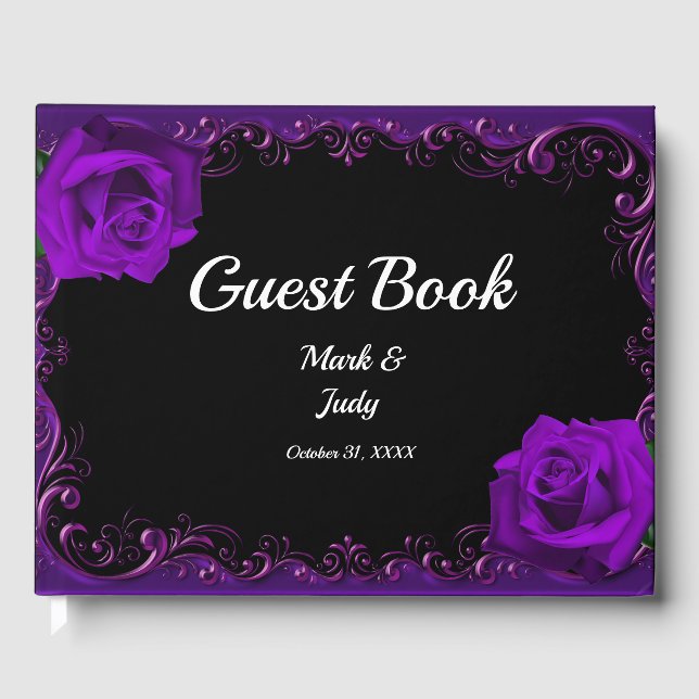 Elegant Goth Purple Roses Wedding Guest Book (Front)