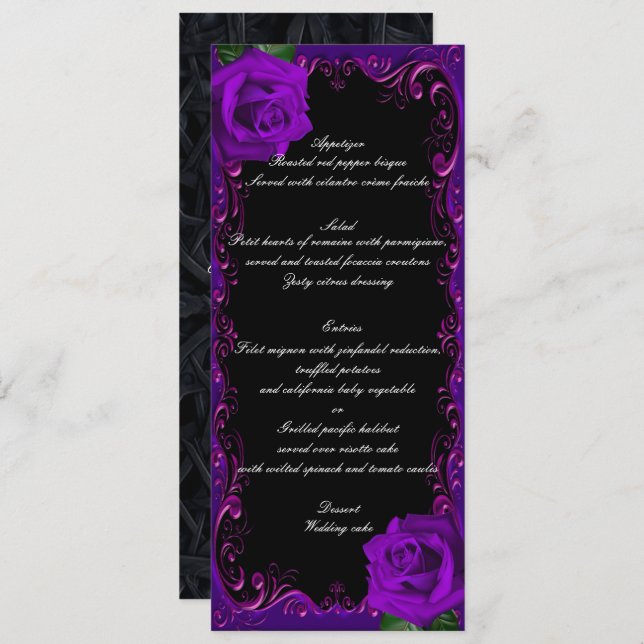 Elegant Goth Purple Roses Wedding Menu (Front/Back)