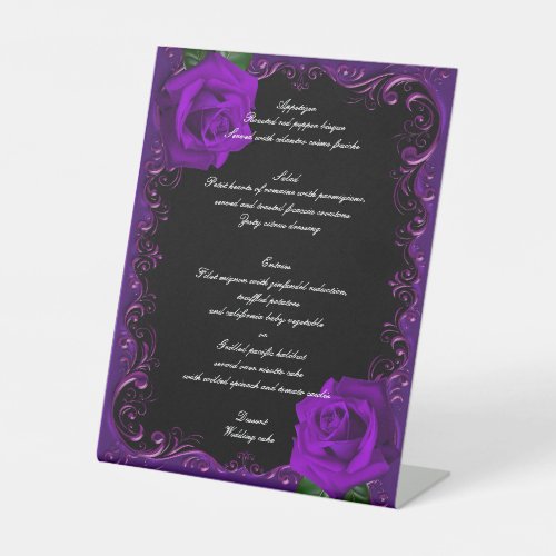 Elegant Goth Purple Roses Wedding Menu Pedestal Sign