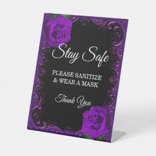 Elegant Goth Purple Roses Wedding Safety Measures Pedestal Sign