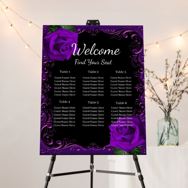 Elegant Goth Purple Roses Wedding Seating Chart Foam Board (In Situ (Stand))