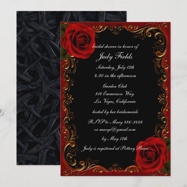 Elegant Goth Red Roses Bridal Shower Invitation (Front/Back)
