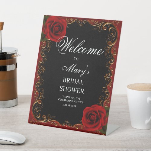 Elegant Goth Red Roses Bridal Shower welcome Pedestal Sign