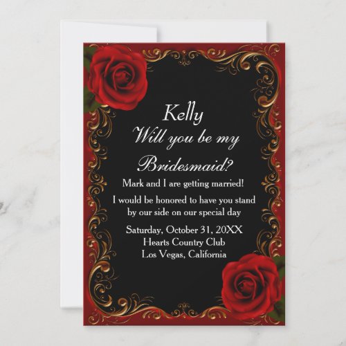 Elegant Goth Red Roses Bridesmaid Invitation