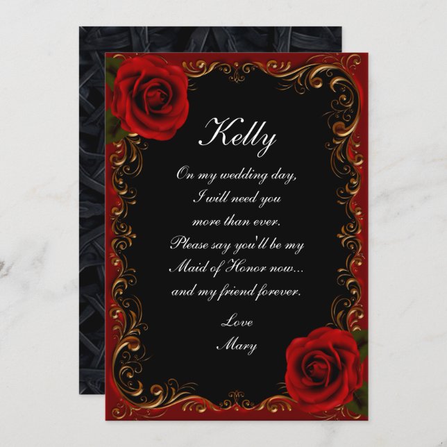 Elegant Goth Red Roses Maid Of Honor Invitation (Front/Back)