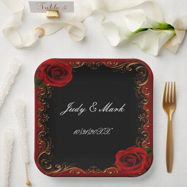 Elegant Goth Red Roses Paper Plates (Wedding)