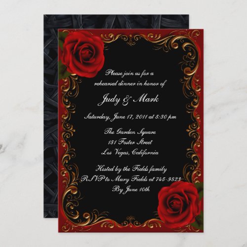 Elegant Goth Red Roses Rehearsal Dinner Invitation