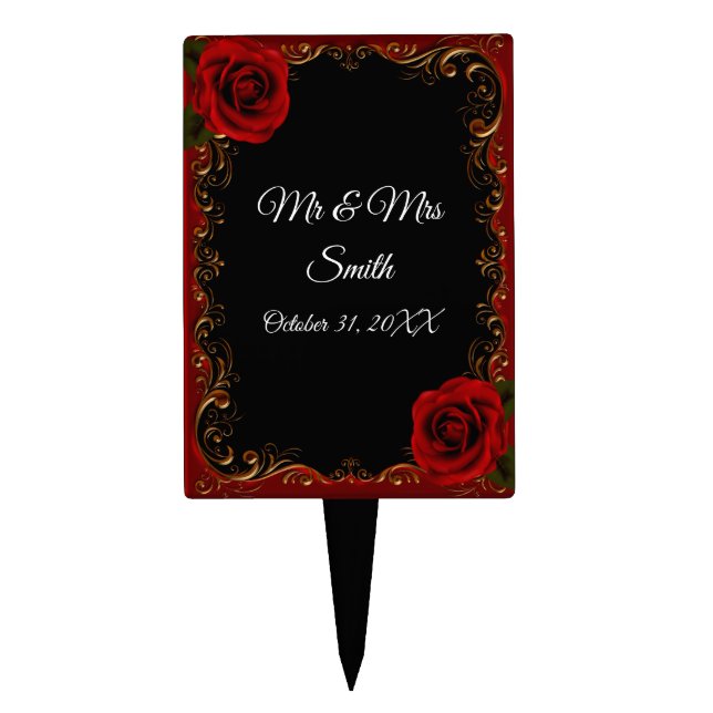 Elegant Goth Red Roses Wedding Cake Topper (Front)