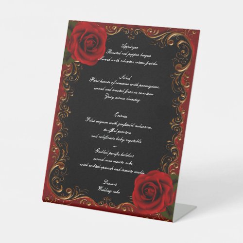 Elegant Goth Red Roses Wedding Menu Pedestal Sign