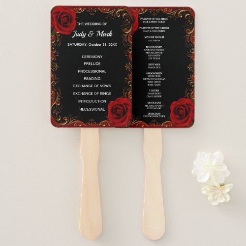 Elegant Goth Red Roses Wedding Program Fans