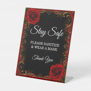 Elegant Goth Red Roses Wedding Safety Measures Pedestal Sign