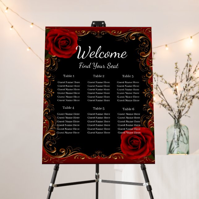 Elegant Goth Red Roses Wedding Seating Chart Foam Board (In Situ (Stand))