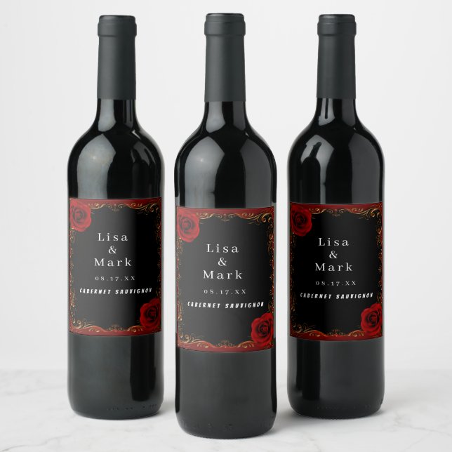 Elegant Goth Red Roses Wine Labels (Bottles)